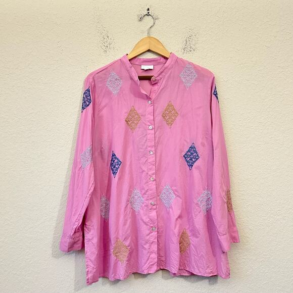 J. JILL Tunic Shirt Camellia Pink Embroidered Cotton Button Up LS Boho - Picture 1 of 12